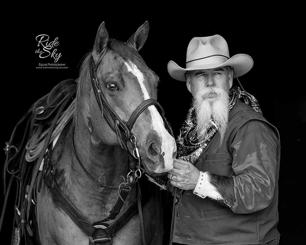 Black and White Photograph of Cowboy and Quarter Horse from the image portfolio of Ride the Sky Equine Photography