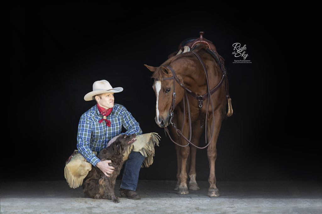 Cowboy, Dog and Horse on Black Background Portrait