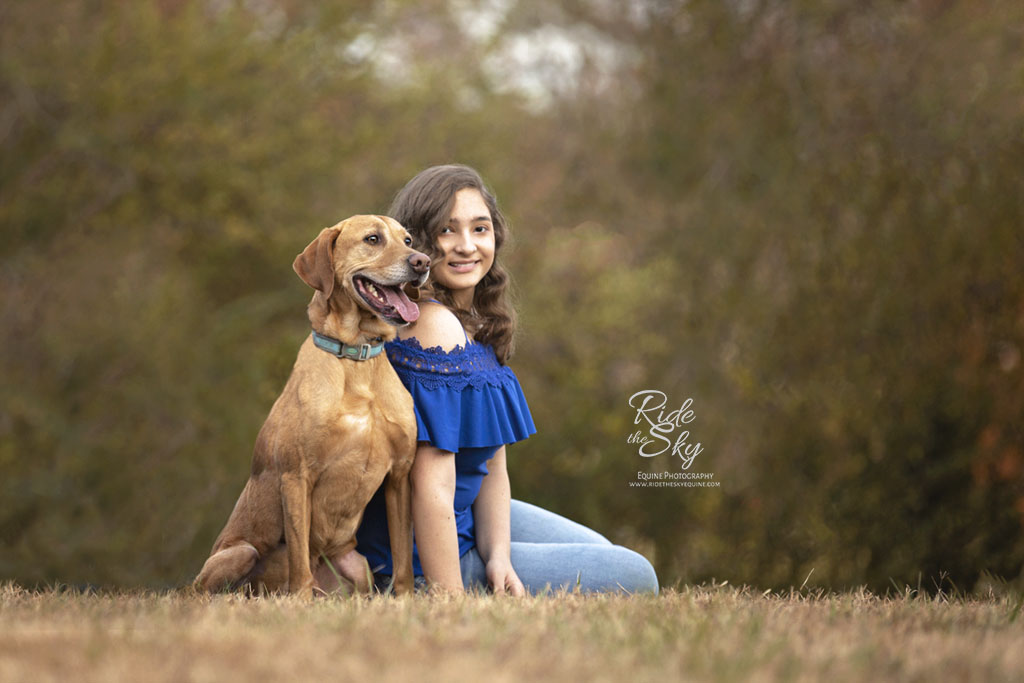 High School Girl and Dog photographed in fall Field in Chattanooga, Tennessee