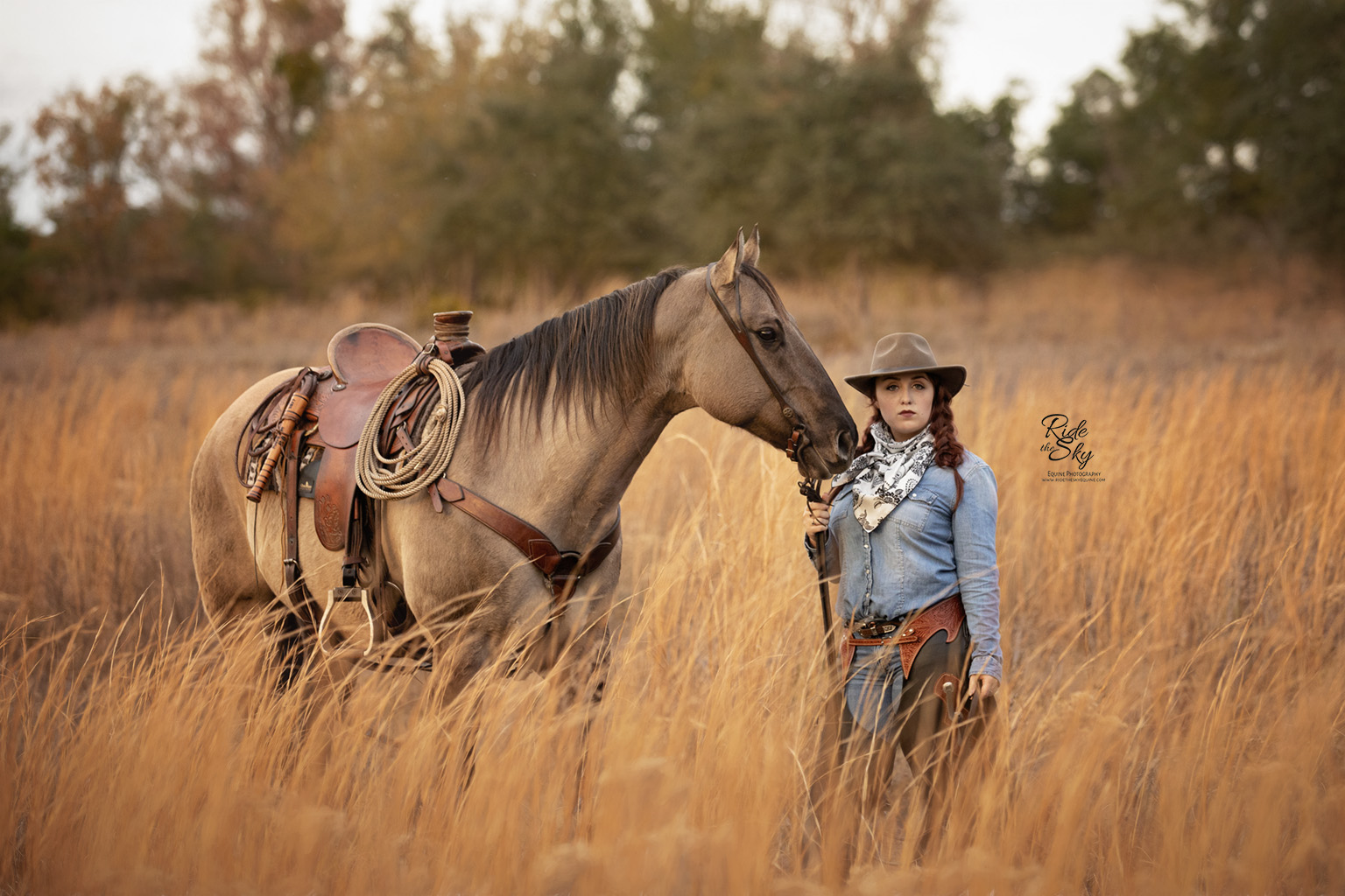 Cowgirl and Horse in yellow field