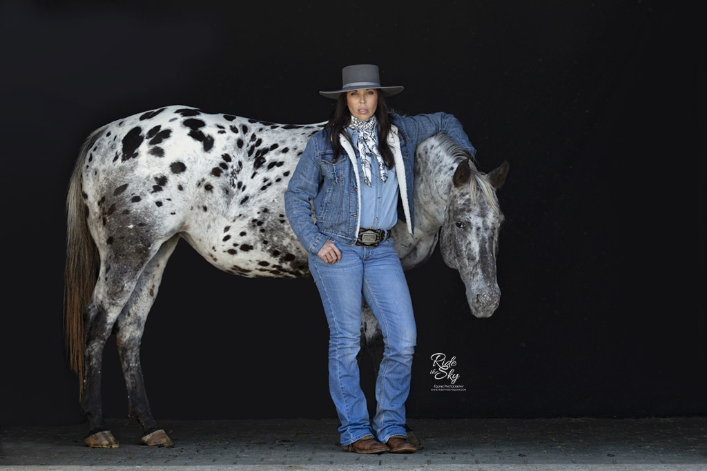 Woman and Horse in Equestrian Portrait Session with Black Background