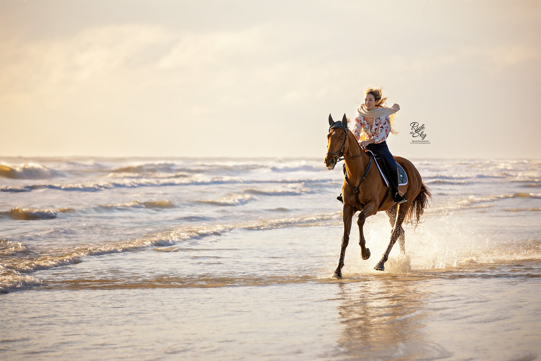 Beach Equine Photography of Girl Riding Horse on the Beach in the Ocean Waves