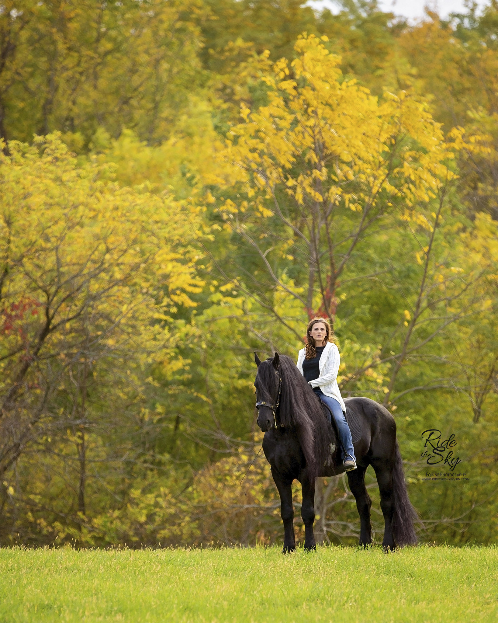 Girl and Friesian Horse in Fall