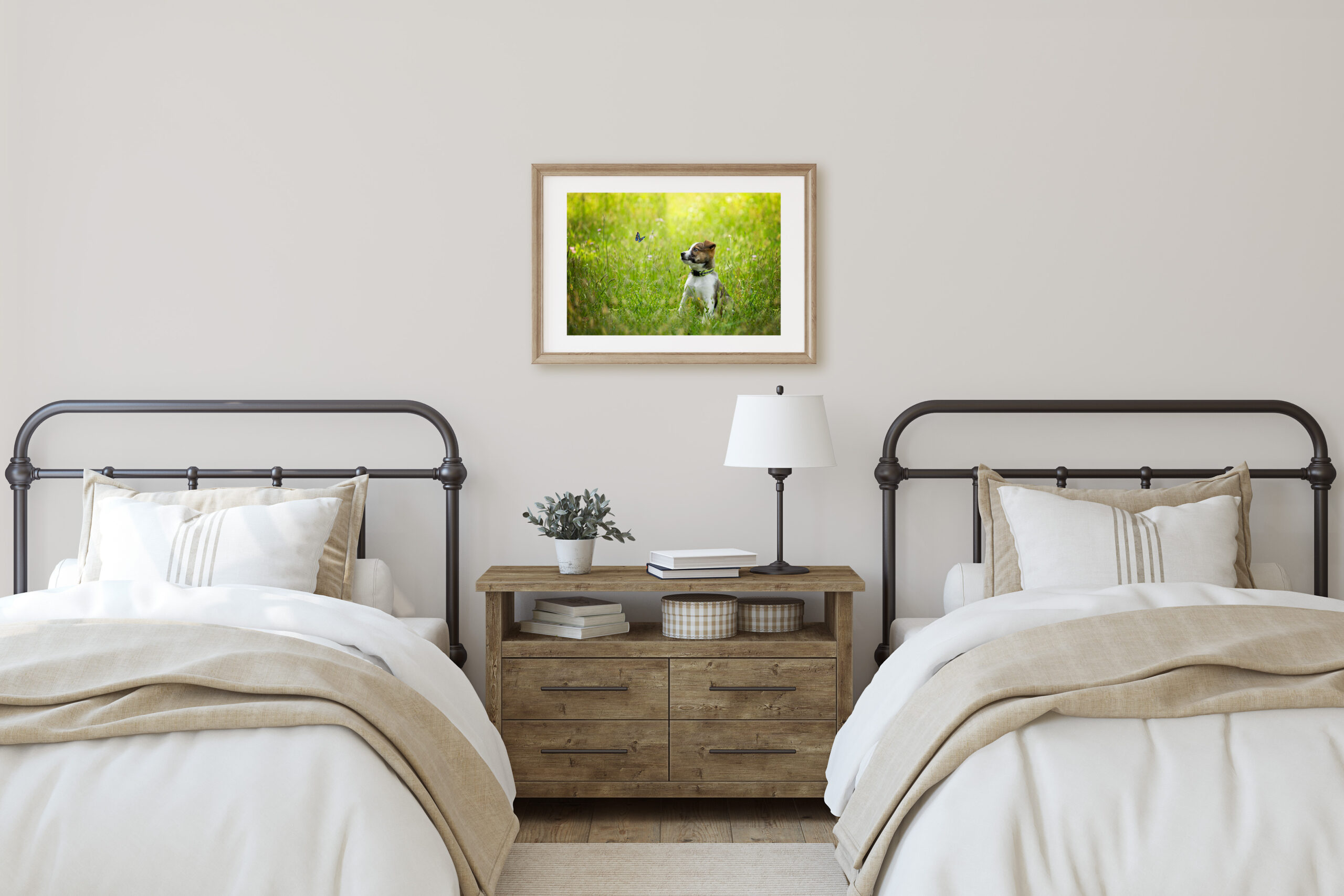 Framed Portrait of Puppy on Bedroom Wall