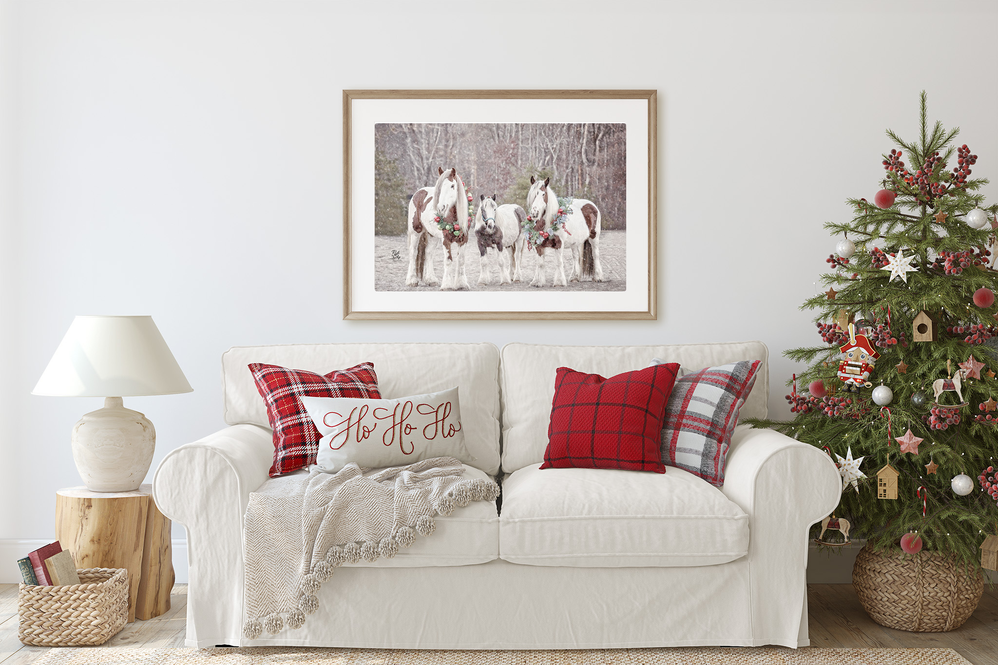 Photograph of Horses with Holiday Christmas Wreaths