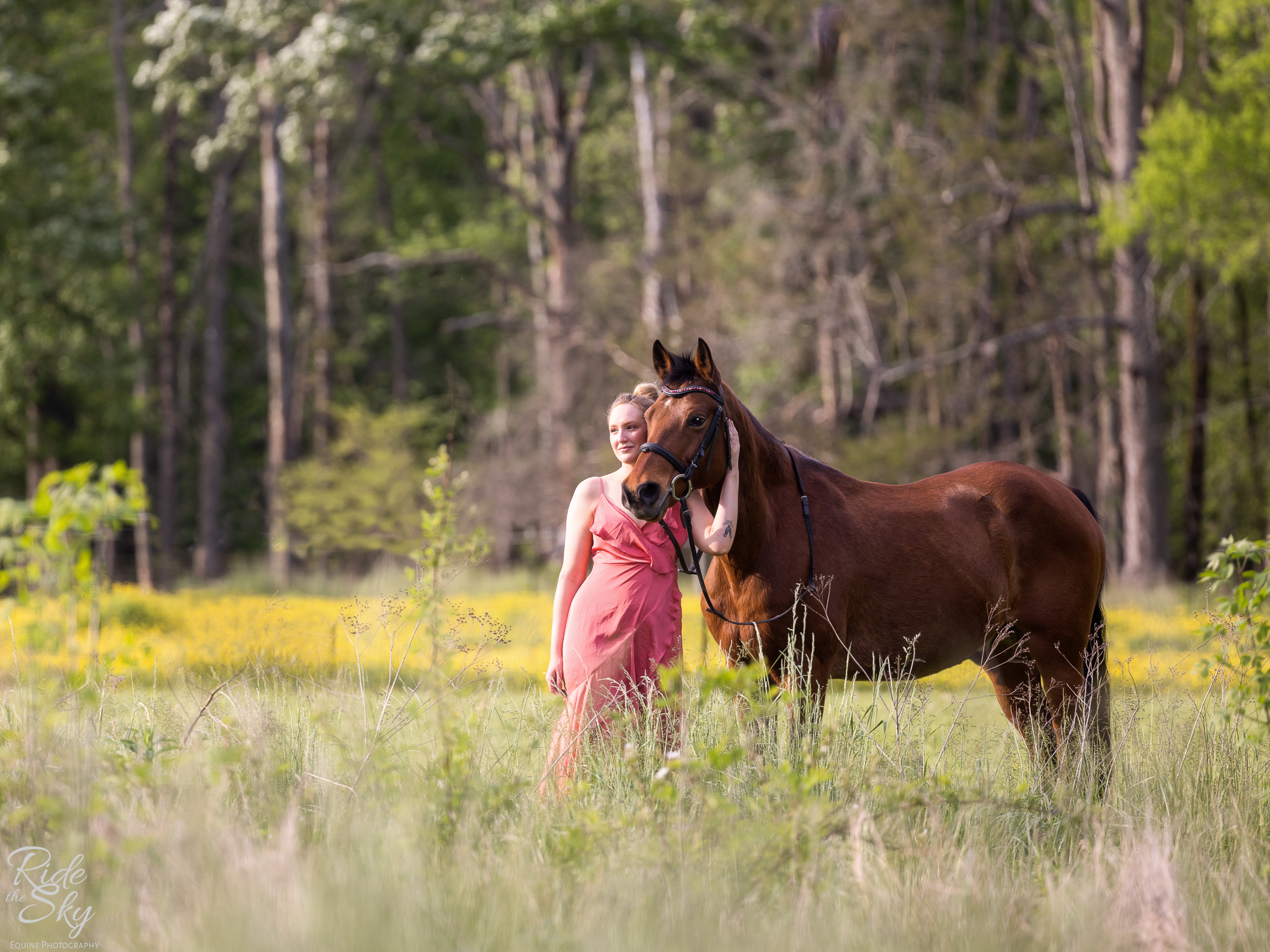 woman and horse posed in field of yellow flowers
