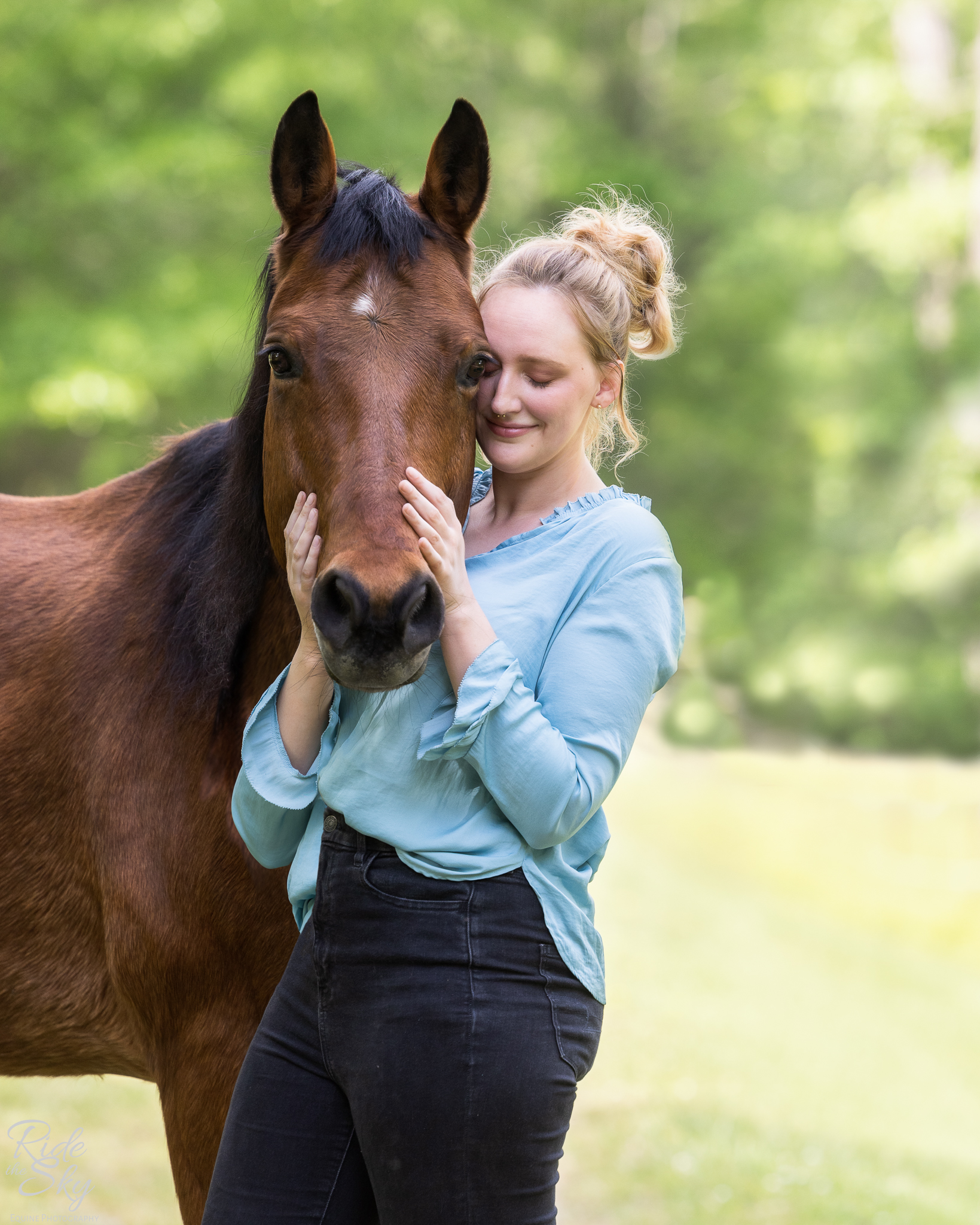 Equine Portrait Session of woman in blue shirt with morgan horse