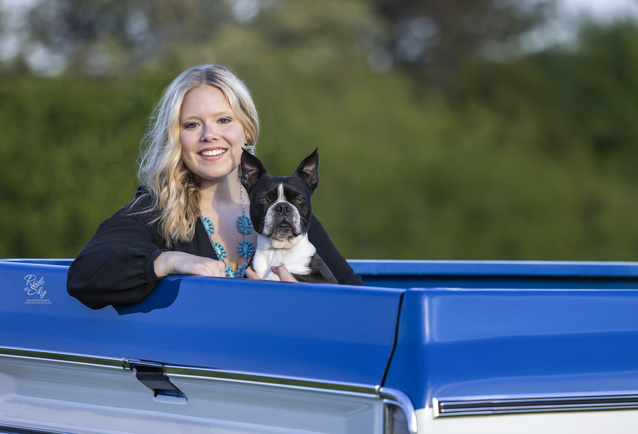 High School Senior and her pet Boston Terrier in truck