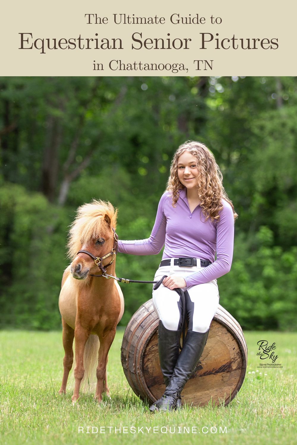 High School Senior sitting on whiskey barrel next to her mini horse