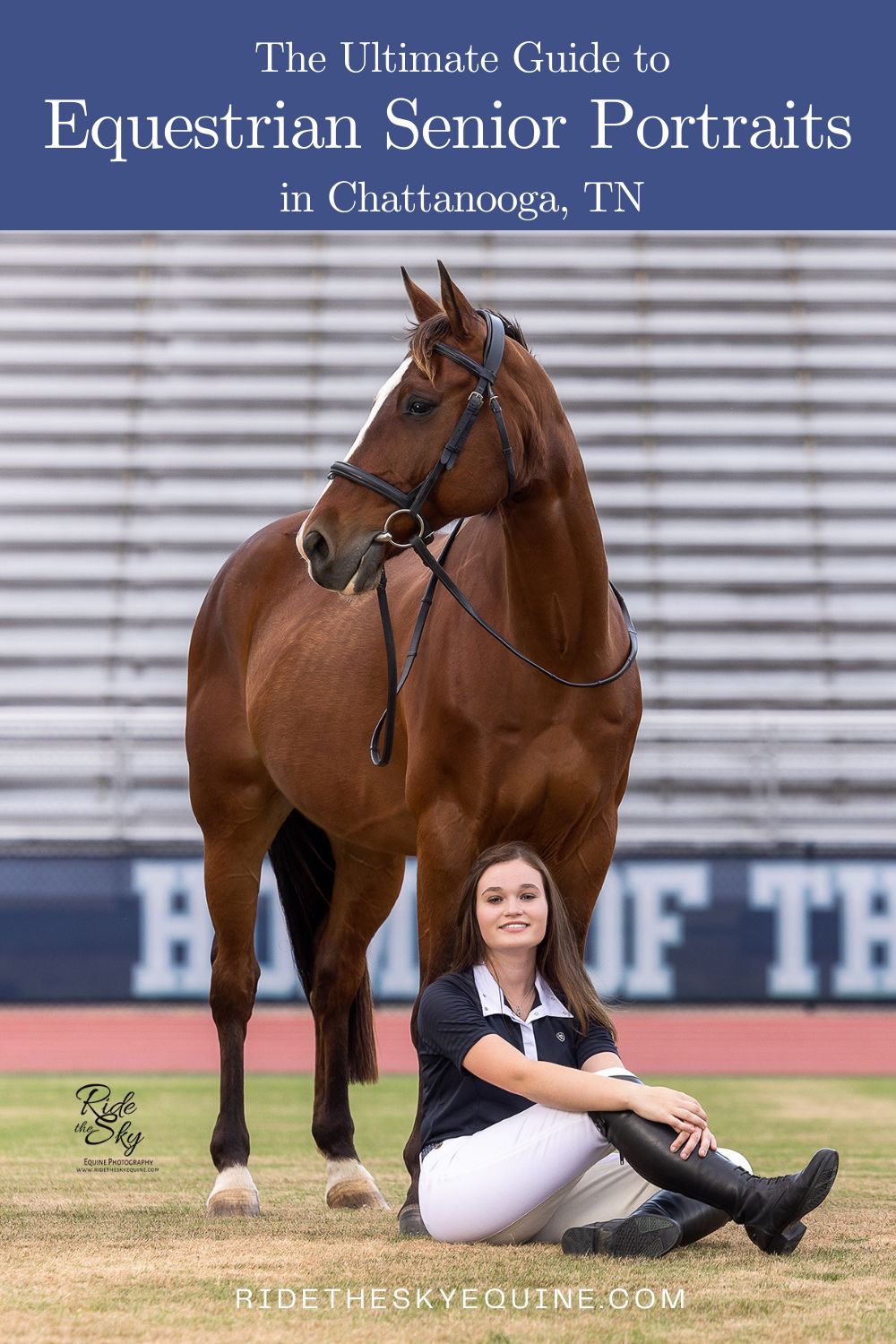 High School Senior sitting with her horse in high school football stadium