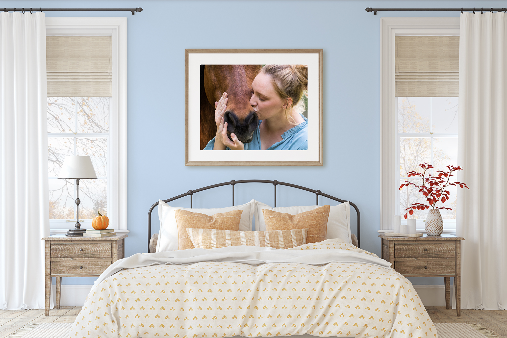 Framed and Matted Print of Woman kissing Horse Muzzle