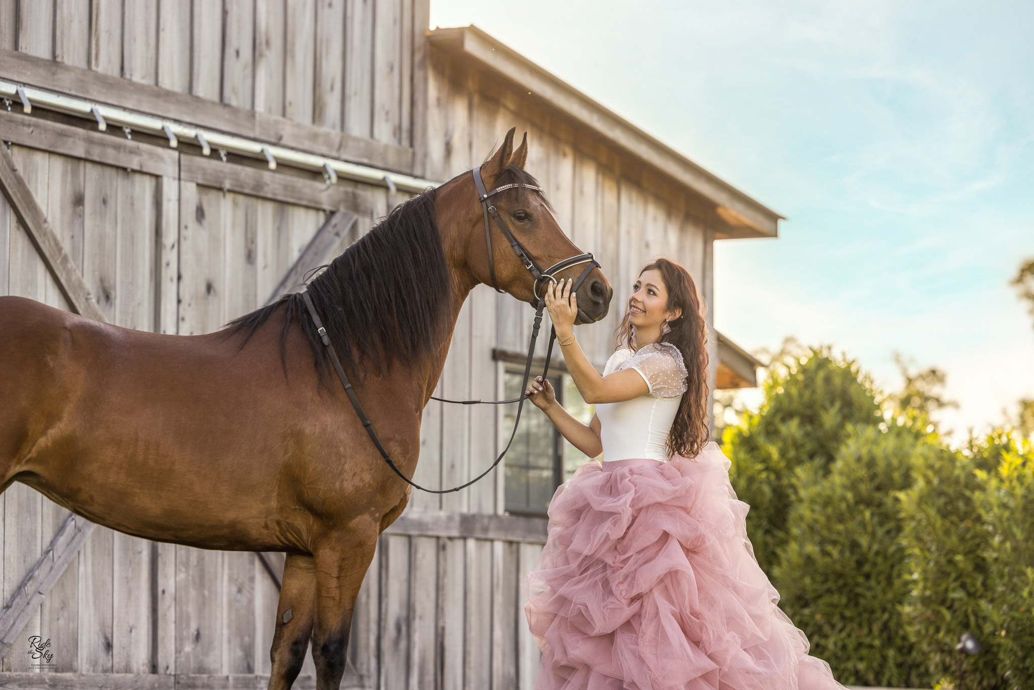 High School Girl photographed with her horse at barn for her senior pictures in glam skirt in Tennessee
