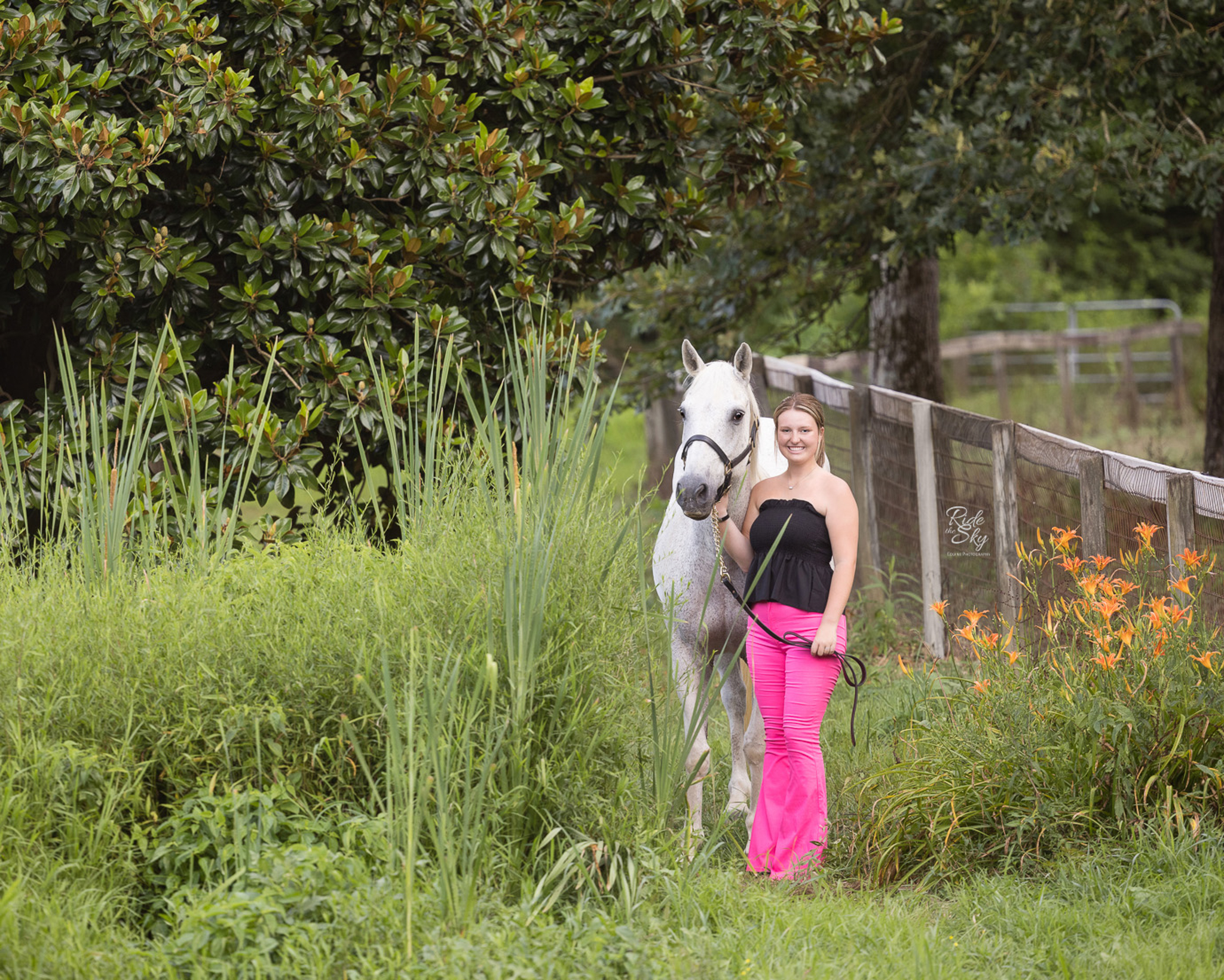 High School Senior Pics with gray horse in north Georgia