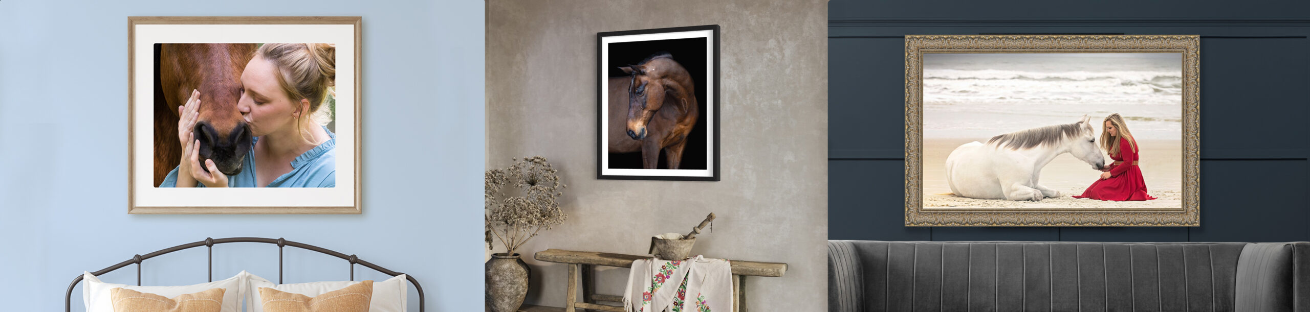 A framed print of a horse and equestrian, a canvas of a horse, and a canvas wall art of a horse and women all hung on walls.
