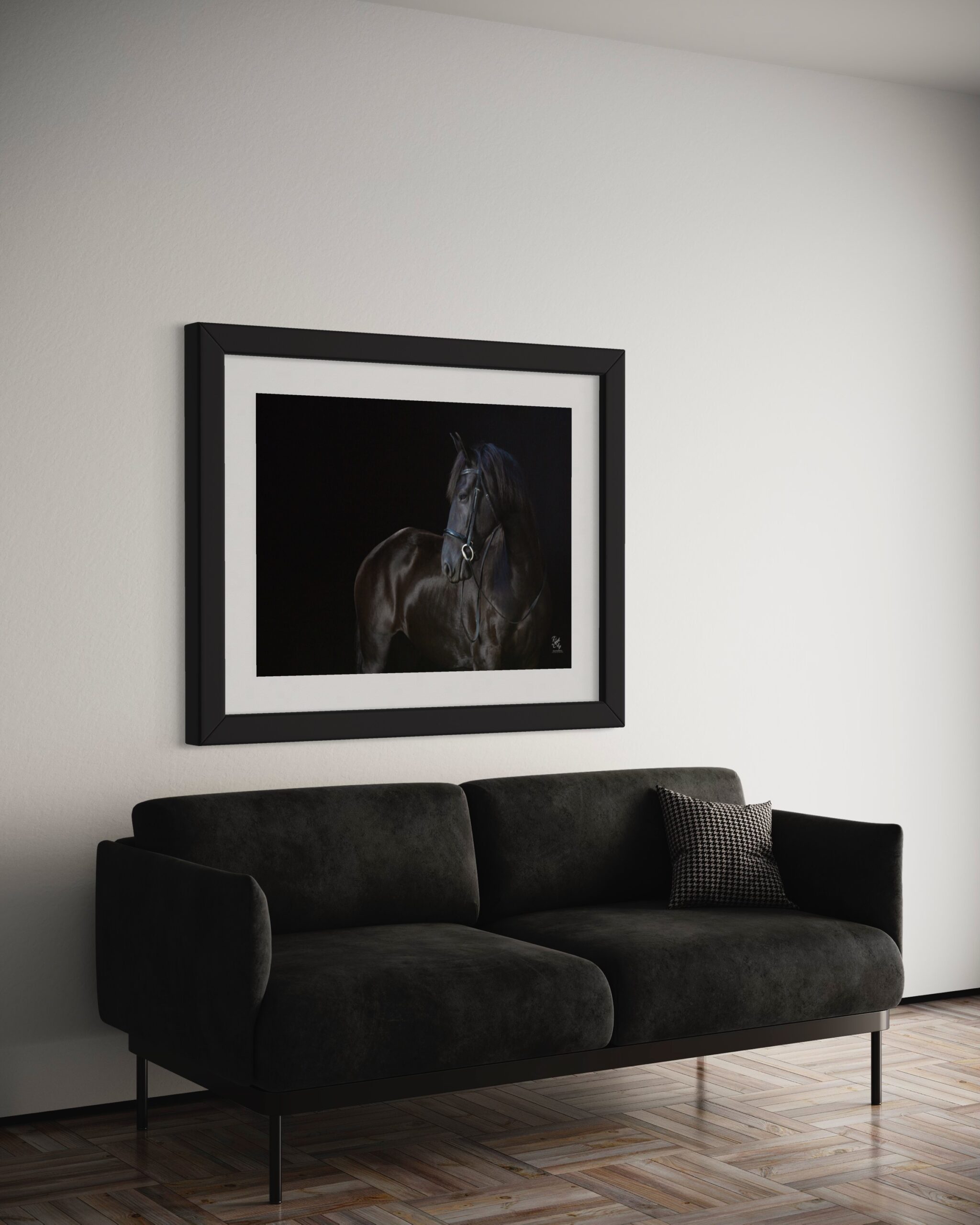 Framed Print wall art of friesian horse with bridle on black background
