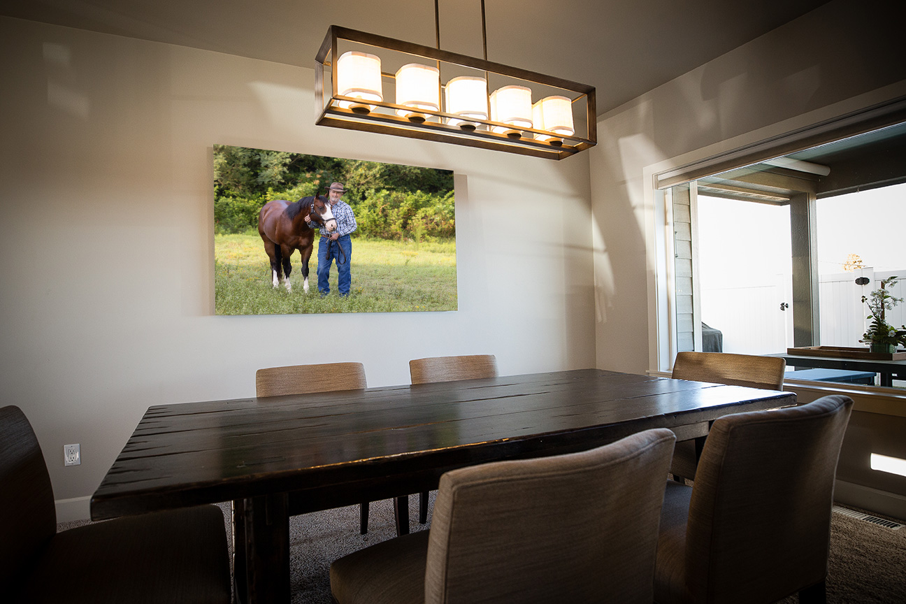 Wall-Art-Metal-Photography-Chattanooga-Horse-RidetheSkyEquine Cowboy and Stallion photographed and printed in 40x60 metal hanging in dining room